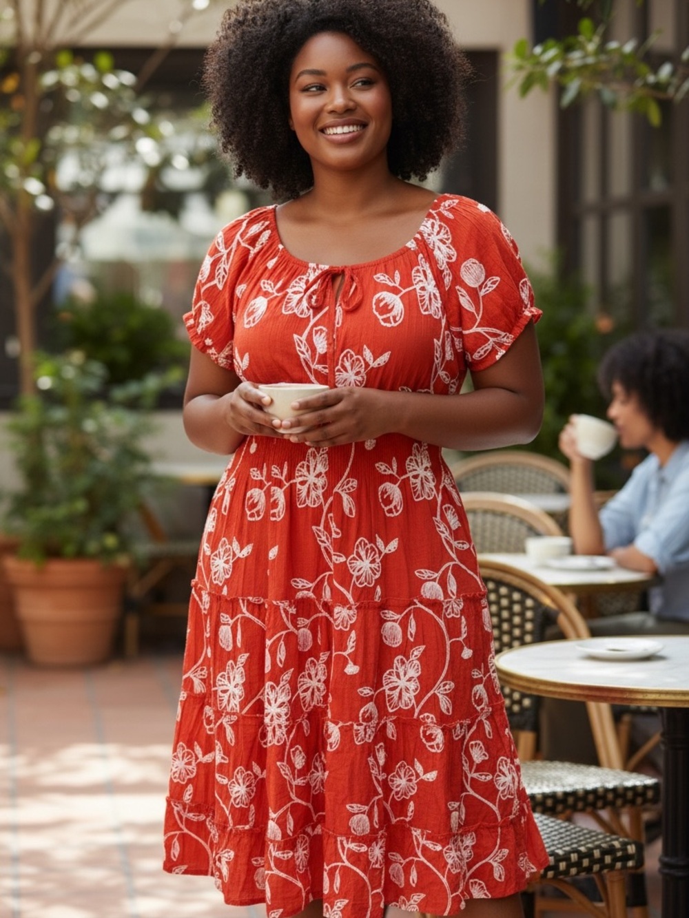 Plus-Size Orange Floral Tiered Midi Dress with Short Sleeves